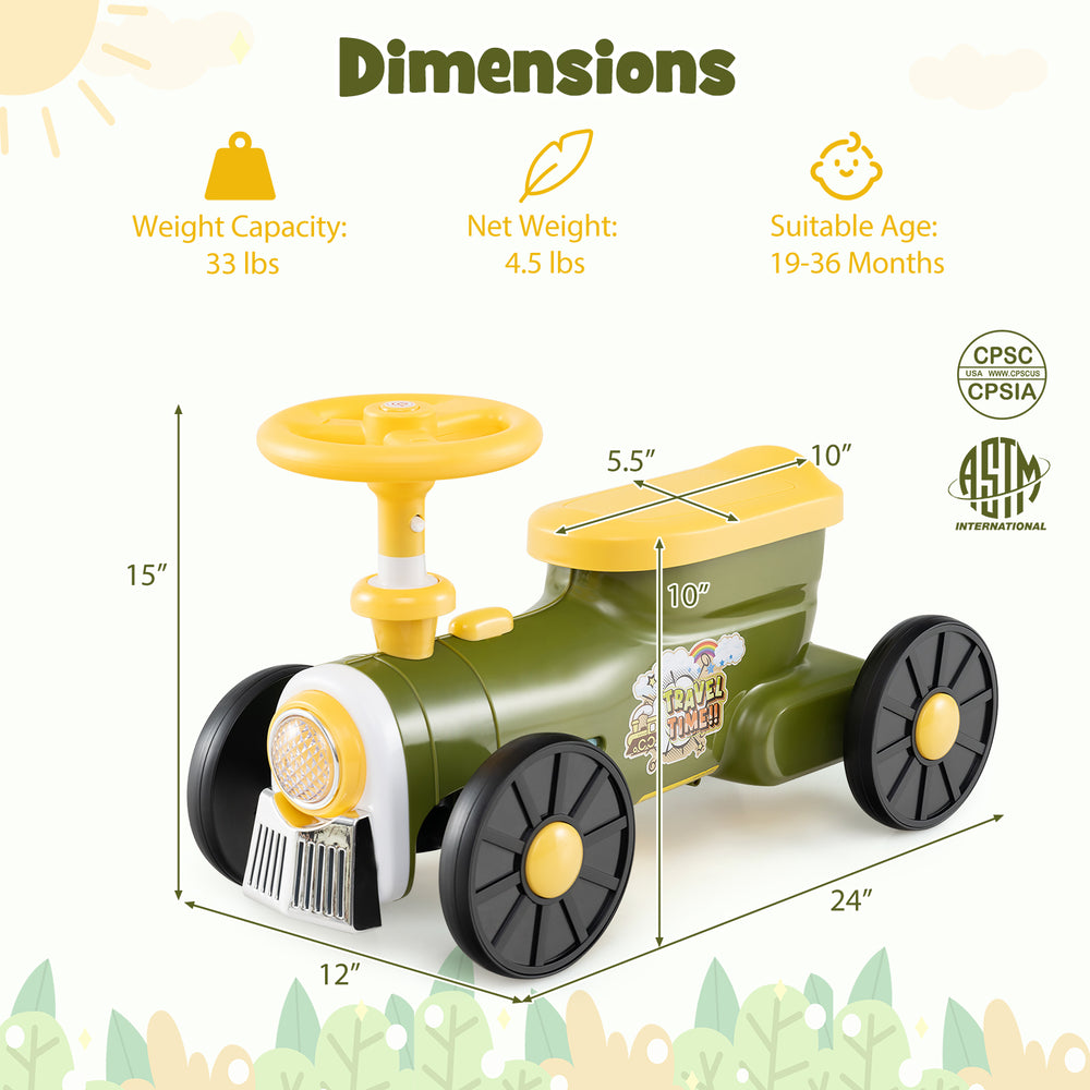 Green ride-on toy with steering wheel, train whistle, and under-seat storage for kids aged 19-36 months.
