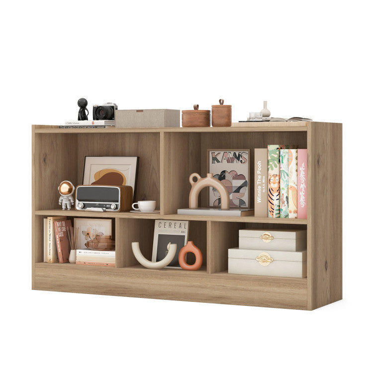 Multipurpose kids' 2-shelf bookcase in light wood, featuring spacious compartments for books and toys, ideal for.