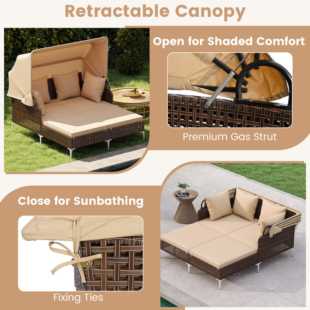 Outdoor daybed with retractable canopy in brown PE wicker rattan, ideal for patio and garden relaxation.