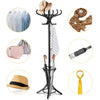 Wood standing coat rack with umbrella stand in black, featuring curved hooks and a compact design for stylish storage.