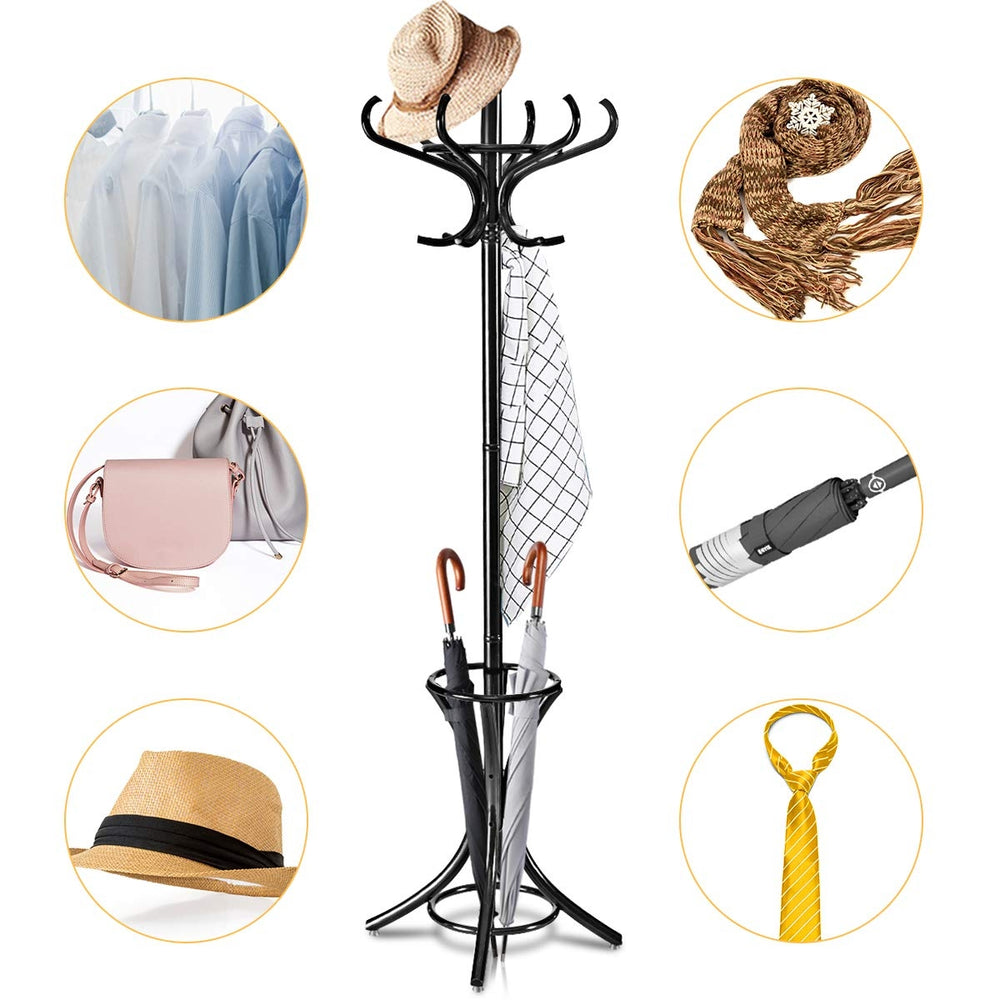 Wood standing coat rack with umbrella stand in black, featuring curved hooks and a compact design for stylish storage.