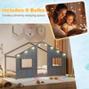 Twin size house bed in grey with 8 LED lights, featuring a playful design and open windows for kids' imaginative play.