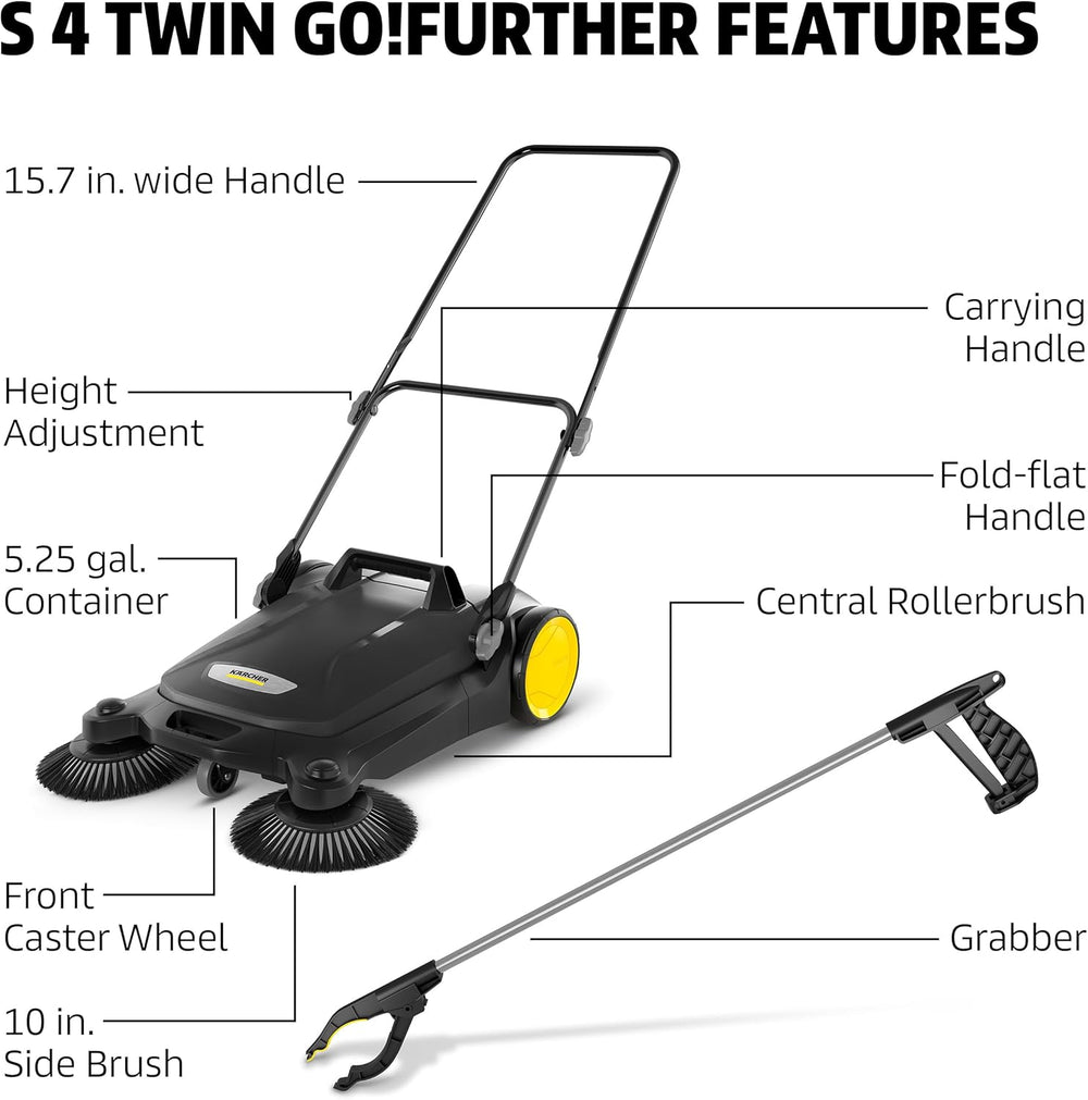 Karcher S 4 Twin GoFurther Push Sweeper 26.8" Width 5.25 Gal. Capacity New