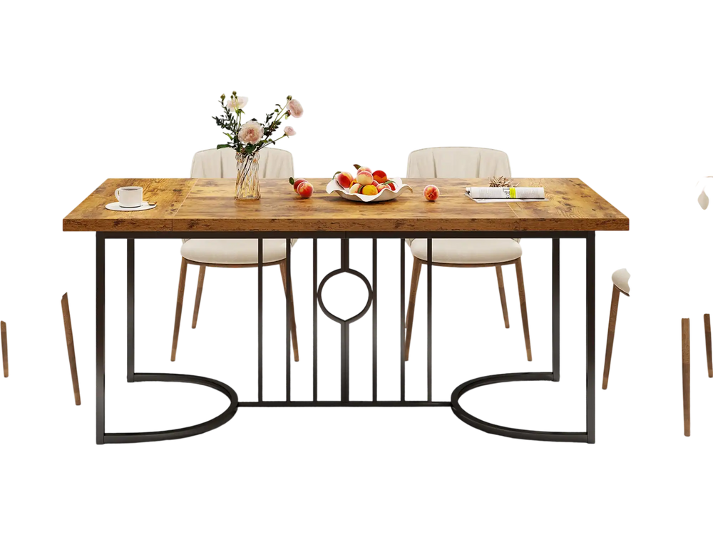 Rustic brown 71-inch rectangular dining table for 6-8 people, featuring a sturdy metal frame and elegant curved design.