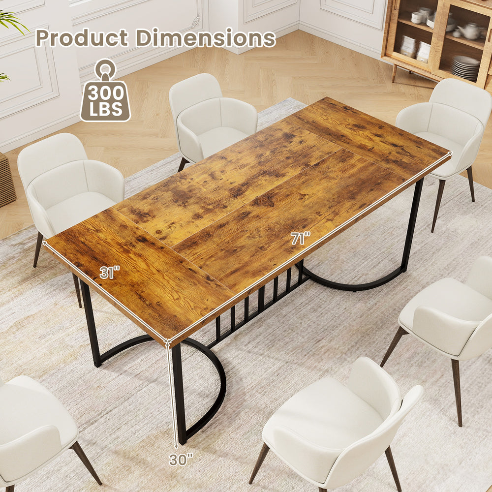 Rectangular 71-inch rustic brown dining table for 6-8 people, featuring a sturdy metal frame and waterproof MDF top.