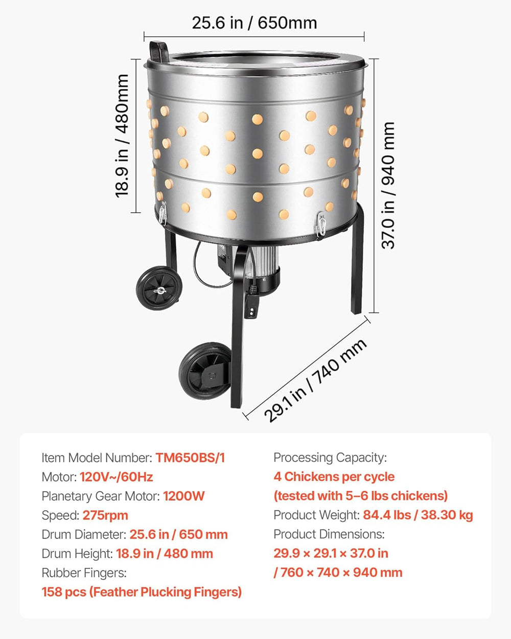 Vevor Chicken Plucker Machine 25.6" Drum with 158 Fingers 275 RPM 1200W New