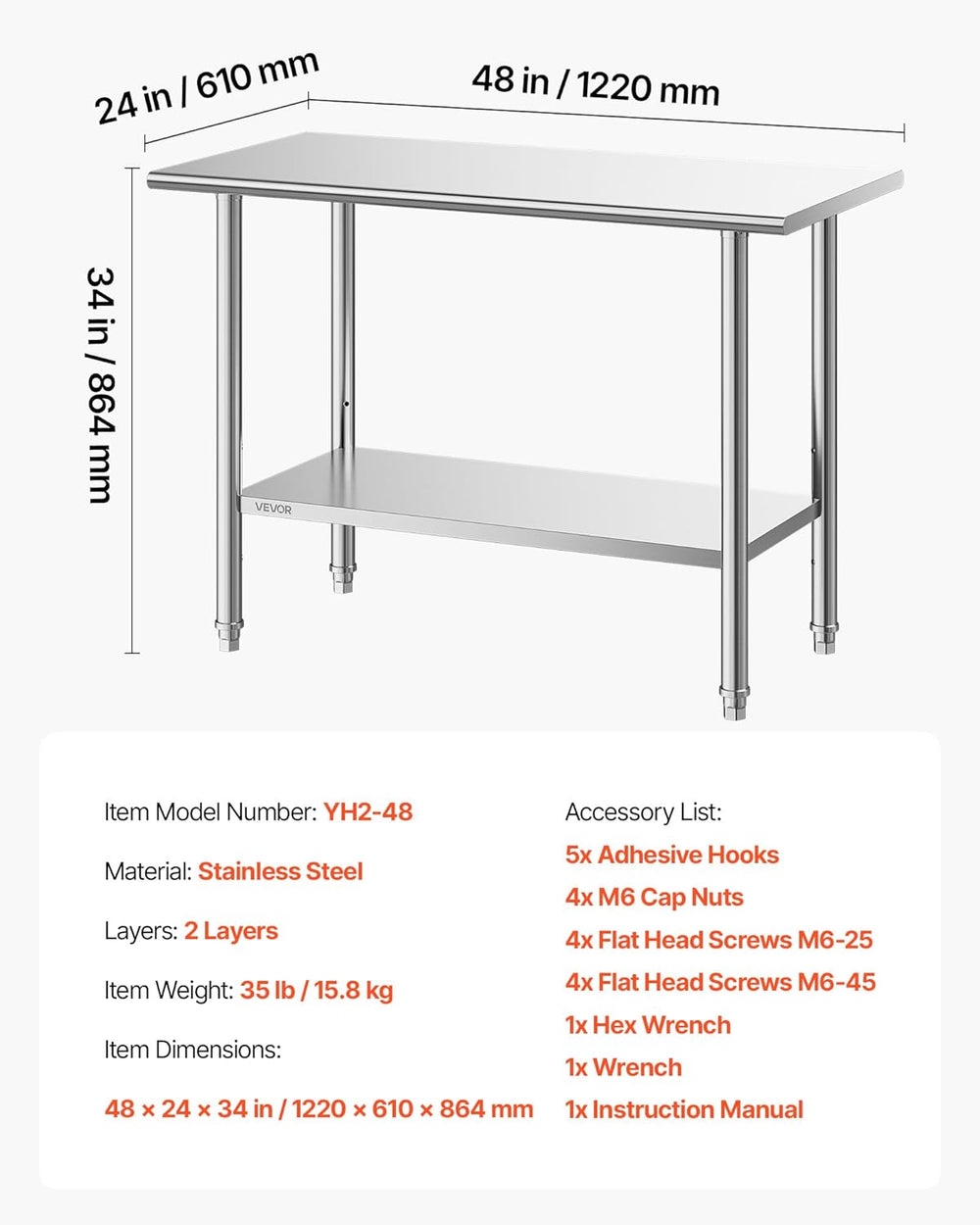 Vevor Work Table 24" x 48" Stainless Steel Food Prep Table with Adjustable Undershelf New