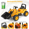 Kids ride-on excavator digger in yellow with lifting arms, rechargeable battery, for indoor and outdoor fun.