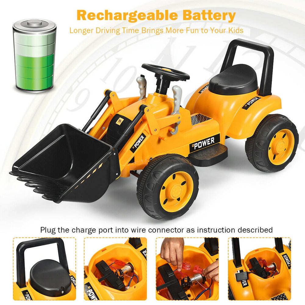 Kids ride-on excavator digger in yellow with lifting arms, rechargeable battery, for indoor and outdoor fun.
