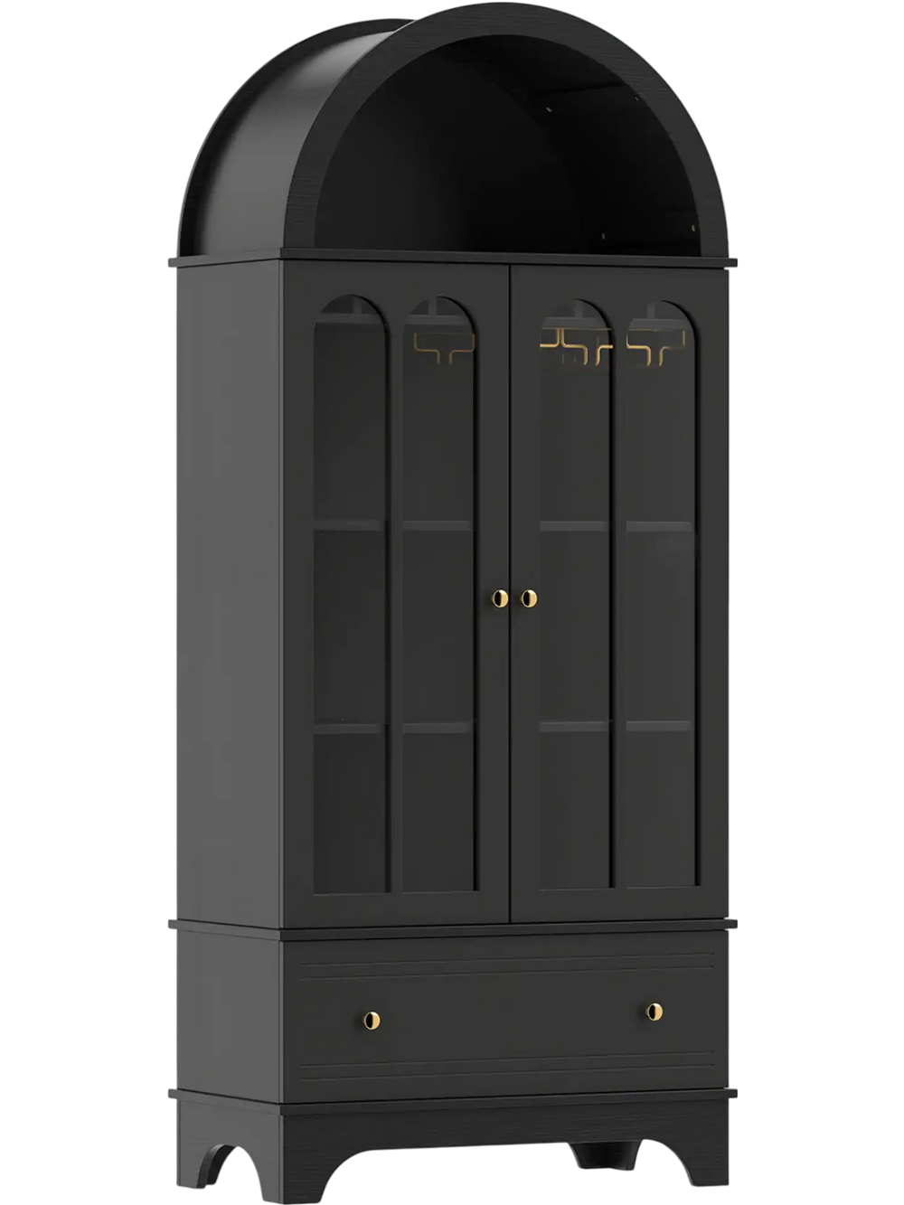 Arched black cabinet with tempered glass doors, 5 tiers, wine rack, and bottom drawer for stylish storage and display.