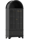 Arched black cabinet with tempered glass doors, 5 tiers, wine rack, and bottom drawer for stylish storage and display.