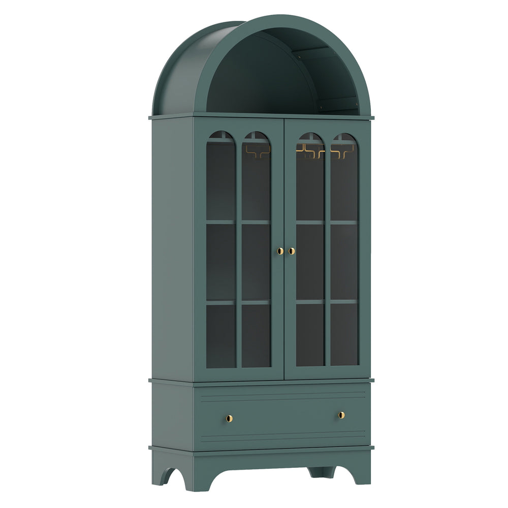 71.5 Inch Arched Cabinet 5-Tier with Tempered Glass Doors and Wine Rack-Green - Gallery View 1 of 1