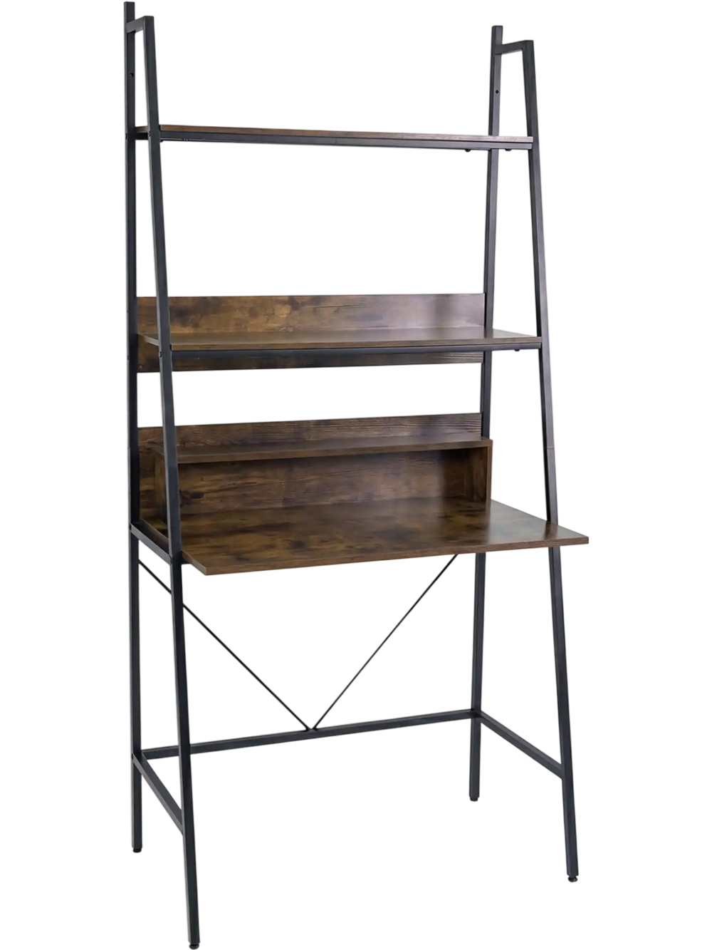 Freestanding 71” high laptop desk with brown wood finish and open shelves, ideal for home office or study use.
