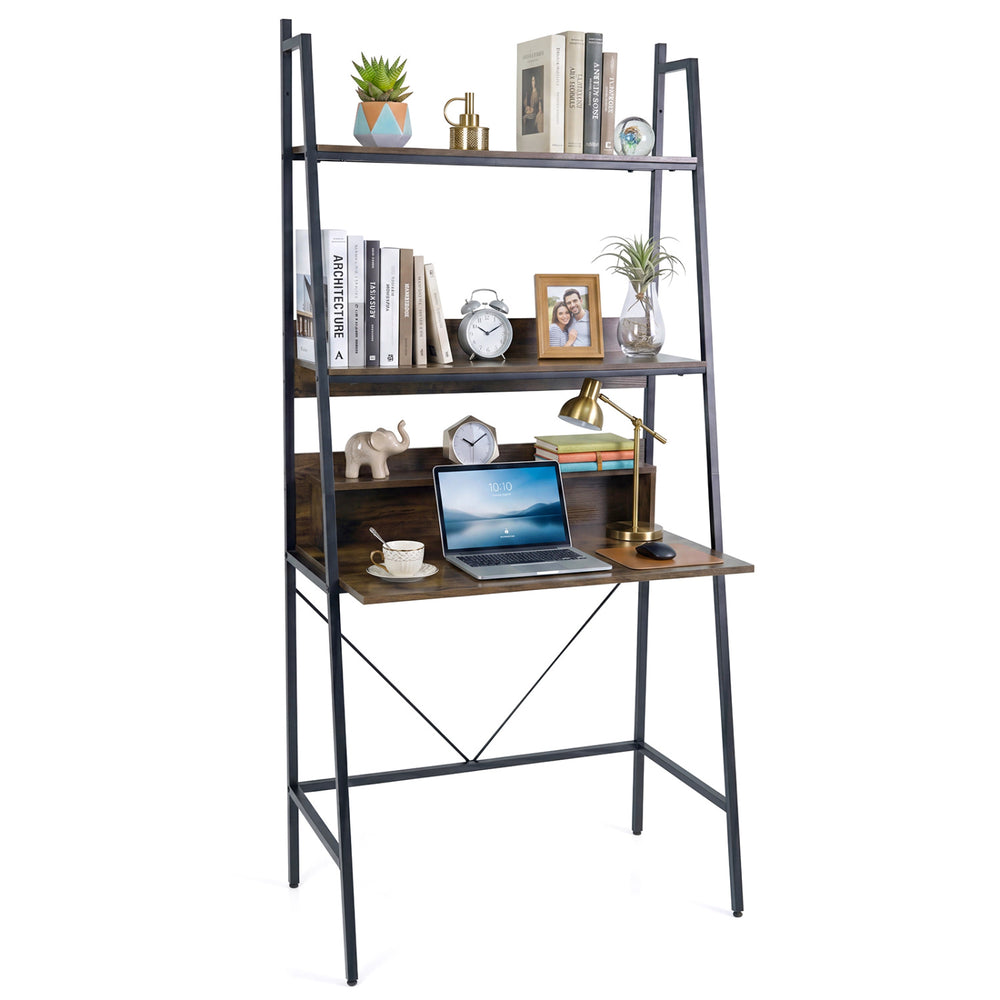 Freestanding 71” high laptop desk with open shelves, brown finish, ideal for home office or study use.