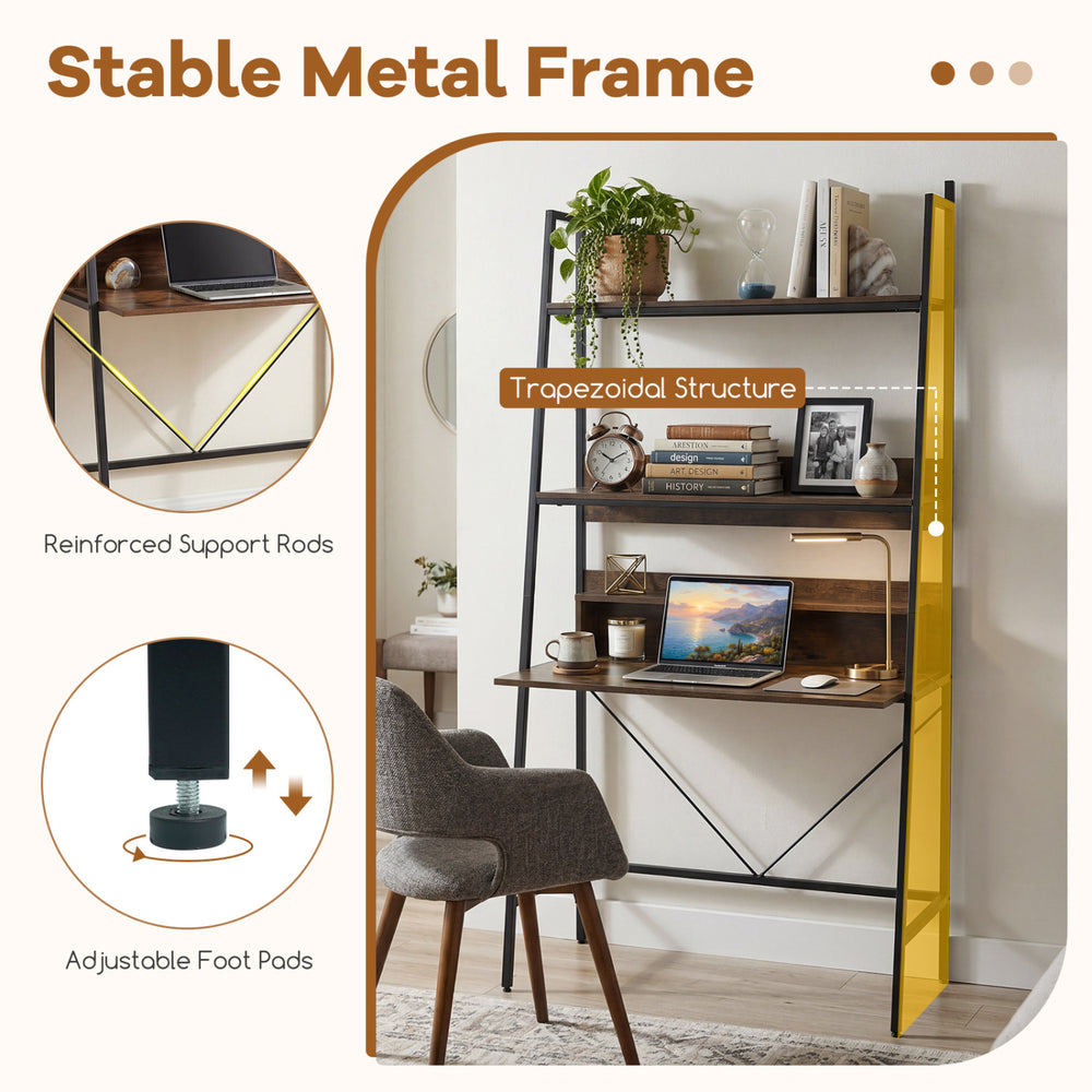 Freestanding 71” laptop desk with open shelves, brown finish, heavy-duty metal frame, ideal for home office or study.