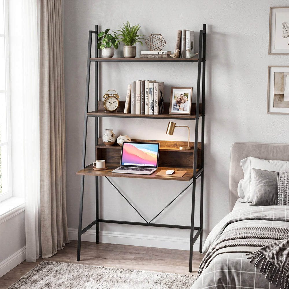 Freestanding 71” high laptop desk with open shelves, brown finish, ideal for bedroom or living room organization.