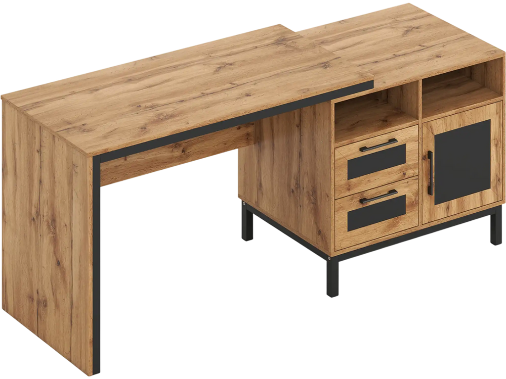 71-inch computer table in natural finish with open compartments, drawers, and a farmhouse design for home or office use.