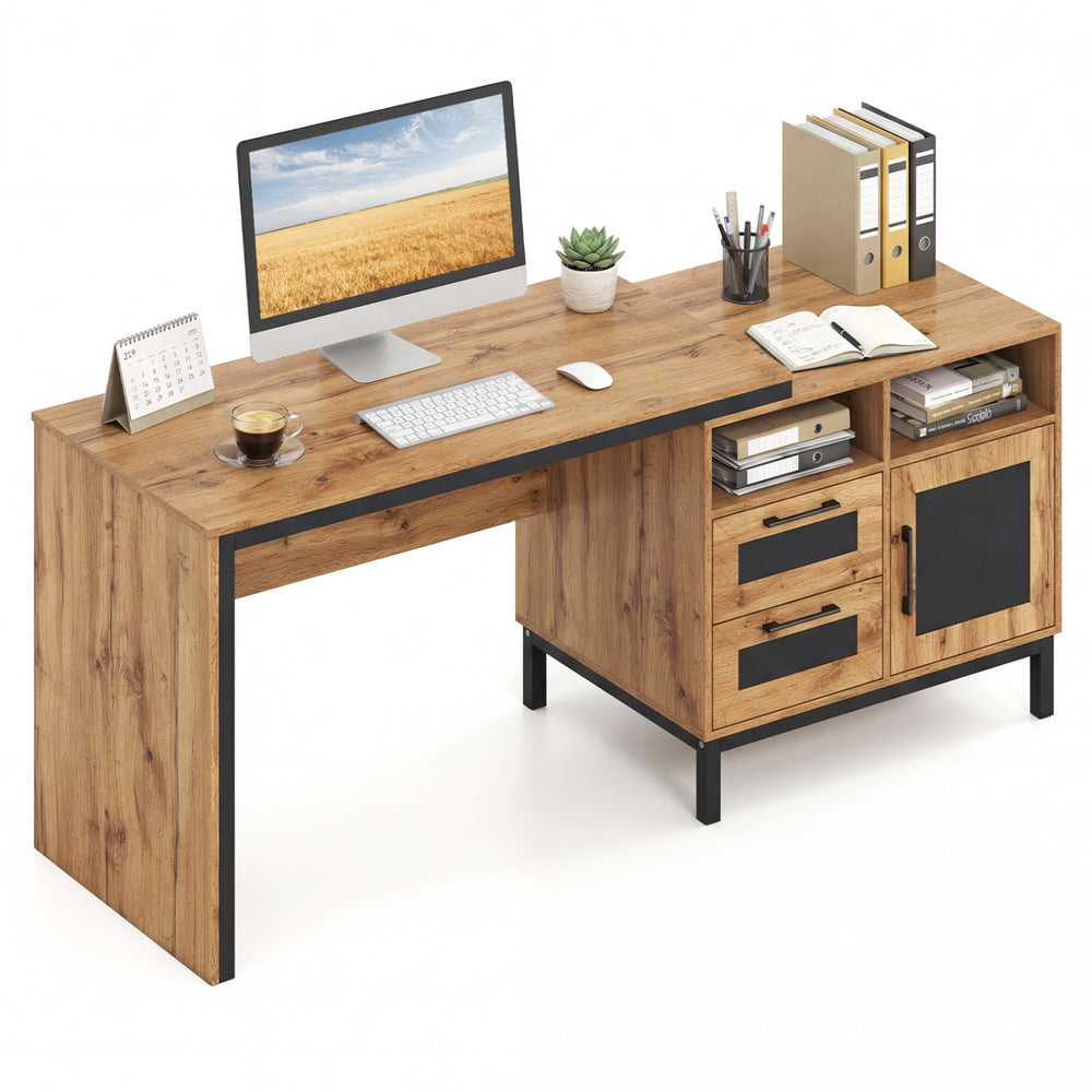 Natural 71-inch computer table featuring open compartments, drawers, and a farmhouse design, perfect for home or office.