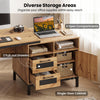 71-inch computer table featuring open compartments, 2 pull-out drawers, and a single-door cabinet for organized storage.