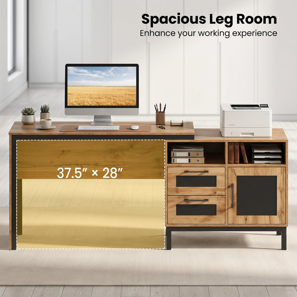71-inch computer table featuring open compartments, drawers, and spacious 37.5" x 28" leg room for comfortable use.