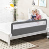 Extra long gray bed guardrail with foldable design, mesh fabric, and safety straps for toddlers transitioning to a bed.