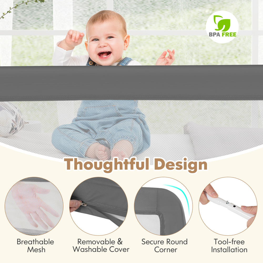 Extra long gray bed guardrail with breathable mesh and removable cover, designed for toddler safety and easy.