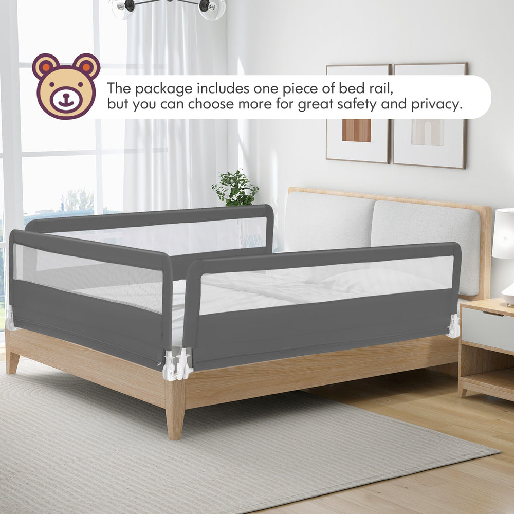 Extra long gray bed guardrail with foldable design and breathable mesh, ideal for toddlers transitioning to a bed.
