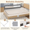 Extra long gray bed guardrail with safety straps, foldable design for easy access, ensures toddler safety while.