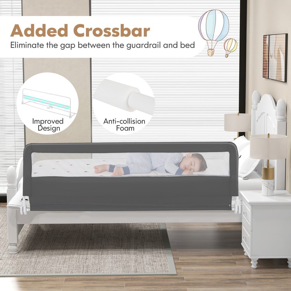 Extra long gray bed guardrail with safety straps, foldable design, breathable mesh for toddler bed protection.