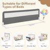 Extra long gray bed guardrail with breathable mesh, designed for toddler safety on various bed types.