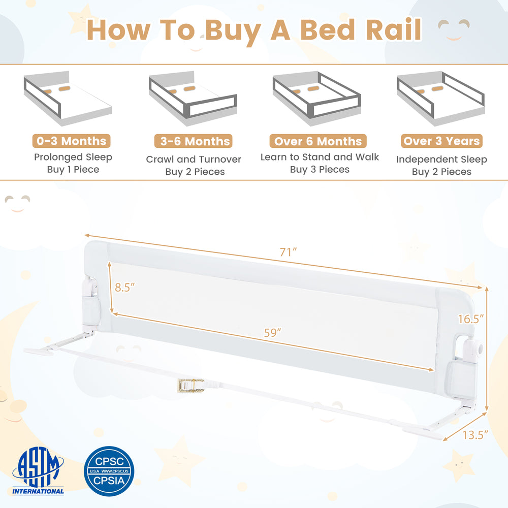 71-inch foldable bed rail in white with adjustable safety strap, designed for toddler safety and easy bed access.