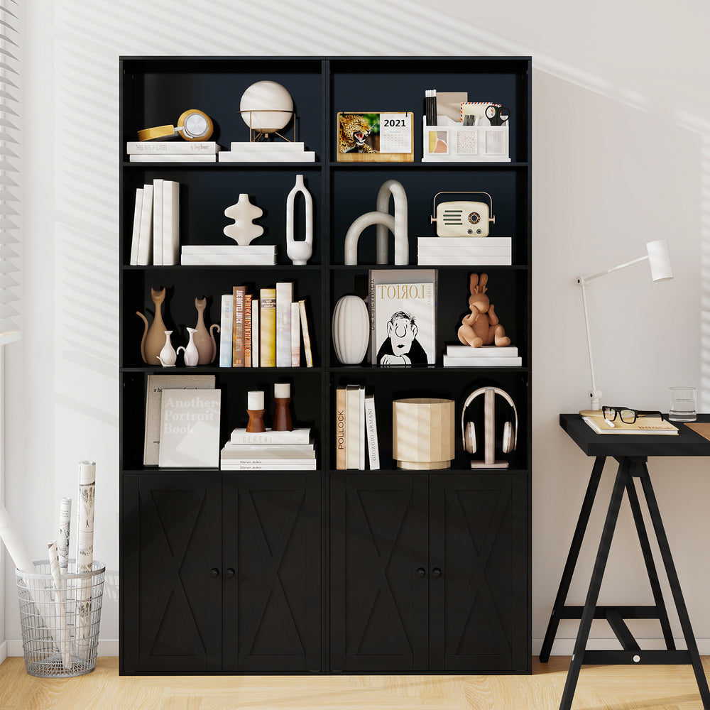 Freestanding black bookshelf with 6 shelves and 2-door cabinet, ideal for stylish storage and decoration.