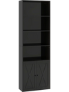 Freestanding black bookshelf with 6 shelves and 2-door cabinet, featuring a modern design for versatile decor styles.