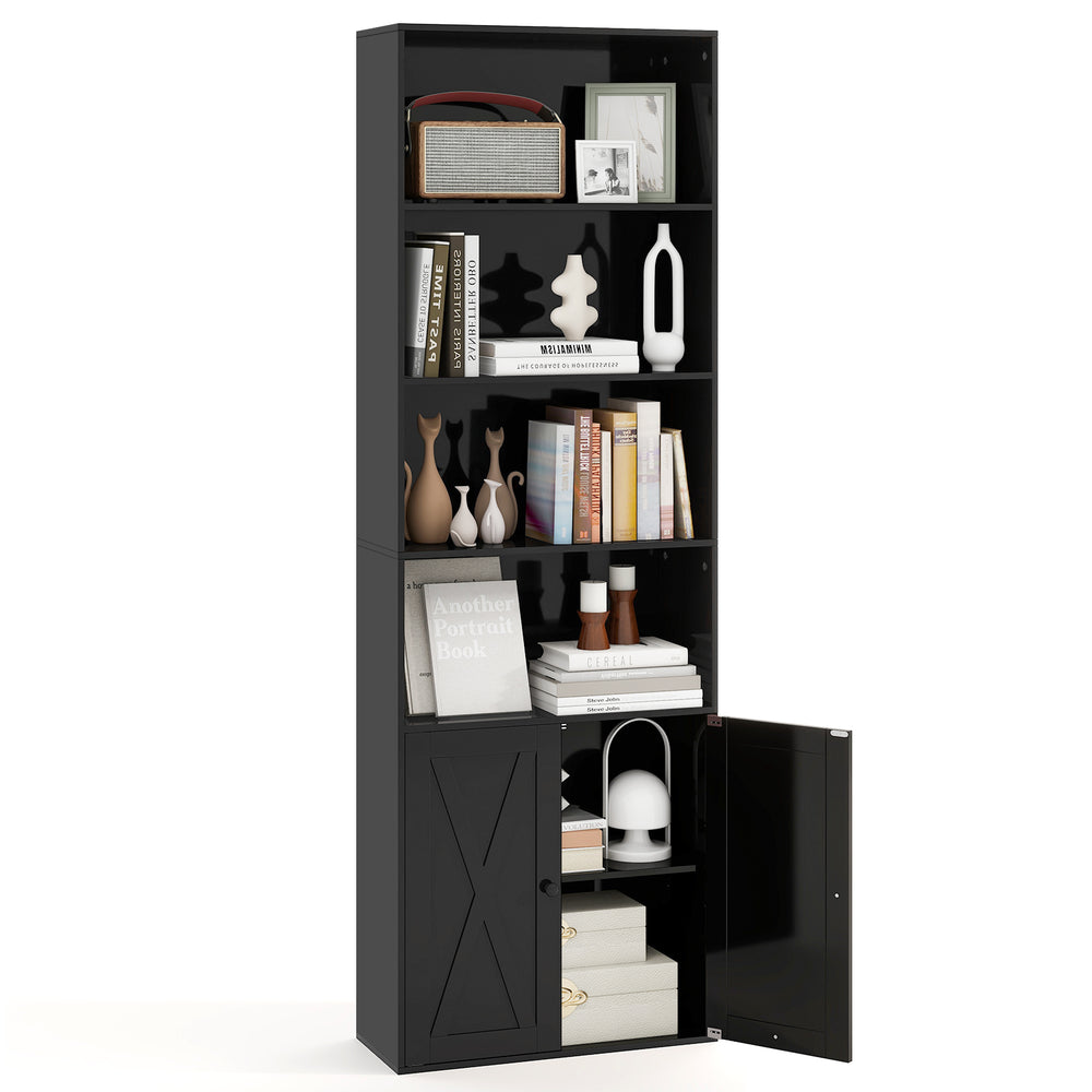 Tall black bookshelf with 4 open shelves and a 2-door cabinet, offering stylish storage and display options for any.