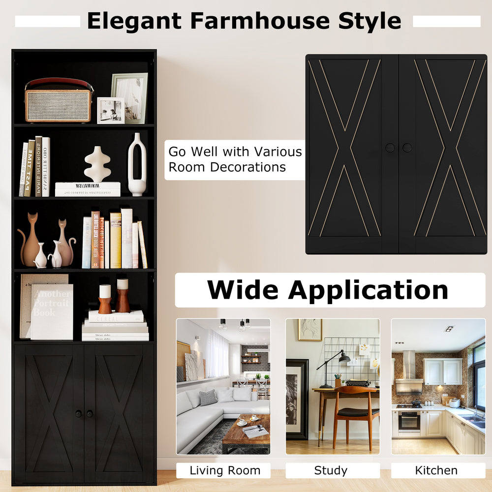 Freestanding black bookshelf with 6 shelves and 2-door cabinet, perfect for living room or kitchen storage.