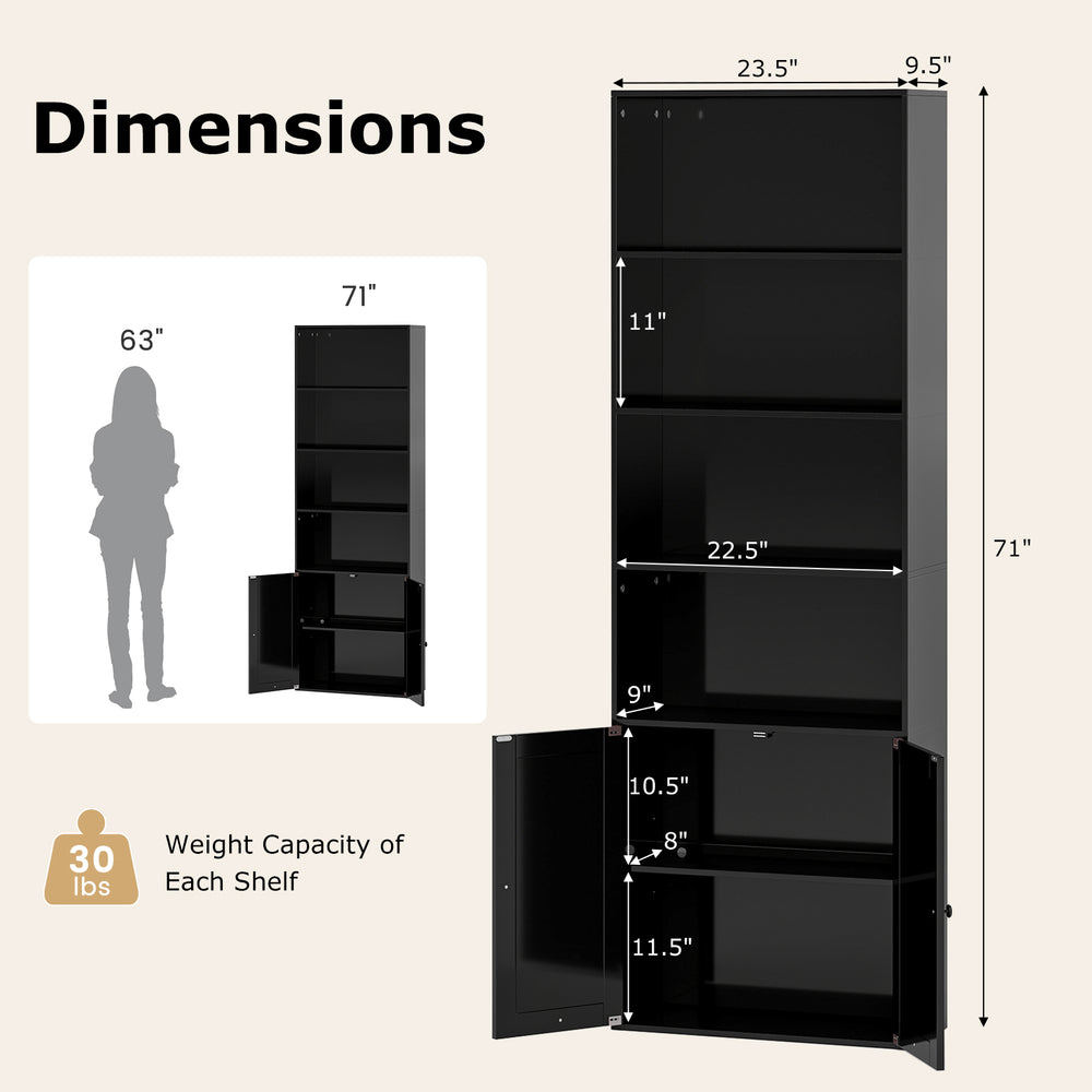71-inch black freestanding bookshelf with 6 shelves and 2-door cabinet, featuring adjustable shelf and anti-tipping kit.
