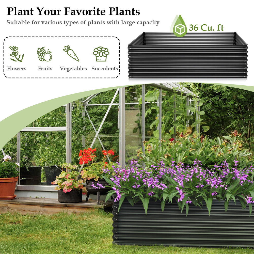 Dark gray 71-inch galvanized metal raised garden bed, suitable for various plants, featuring a weatherproof design.