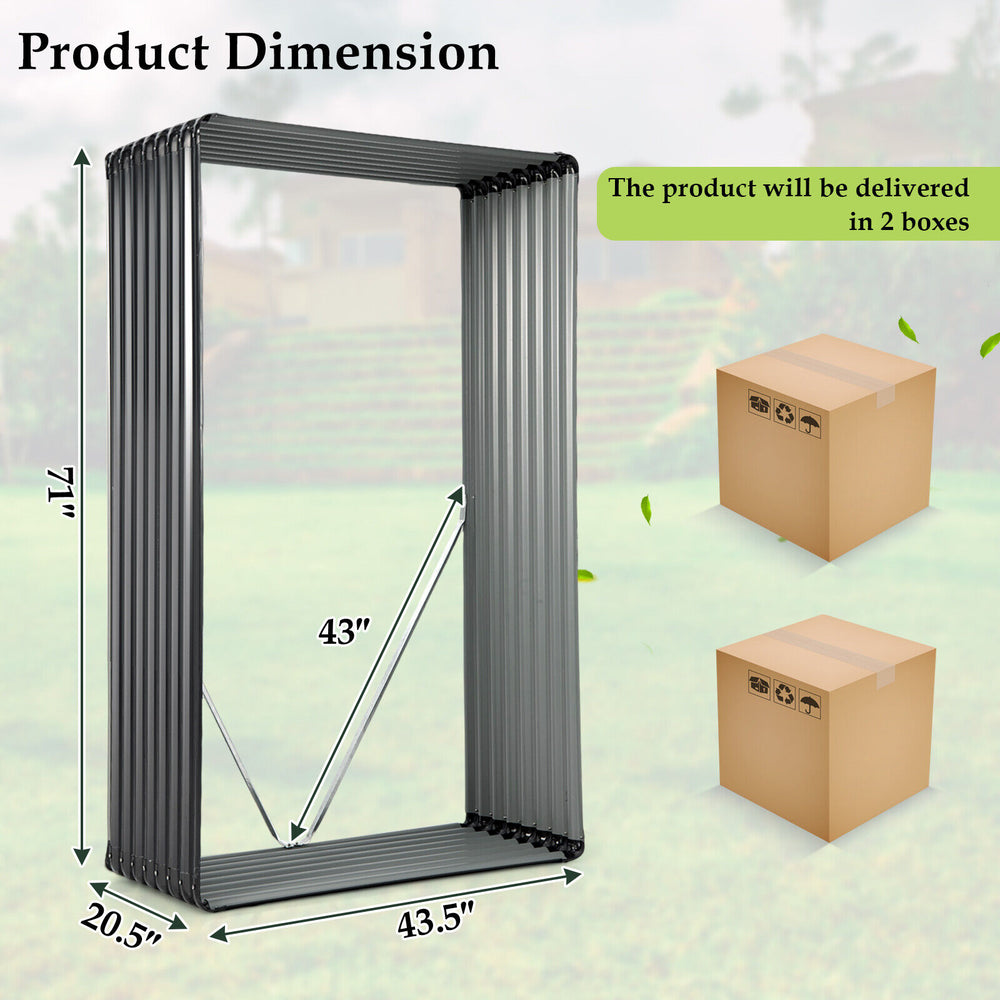 Galvanized metal raised garden bed dimensions, 71 inches tall and 43.5 inches wide, designed for outdoor gardening.