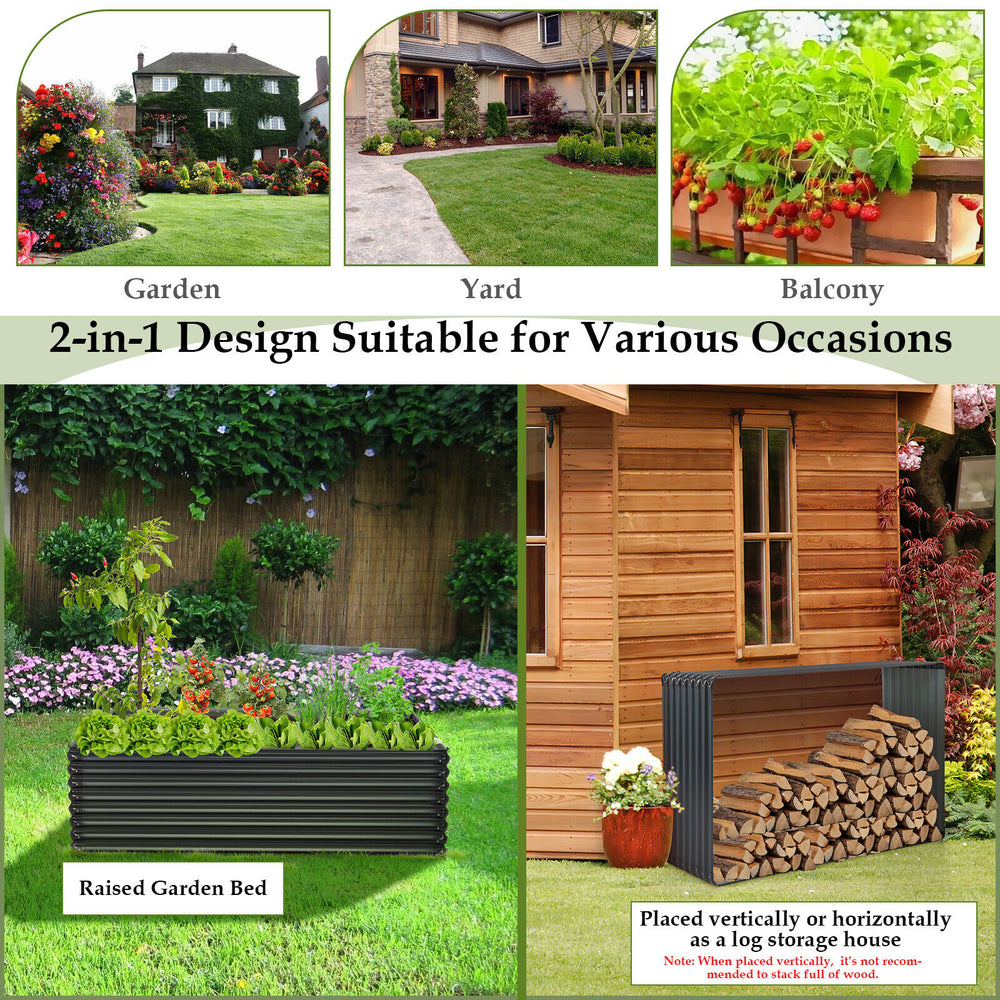 Raised garden bed made of dark gray galvanized steel, designed for outdoor use, ideal for gardening or firewood storage.