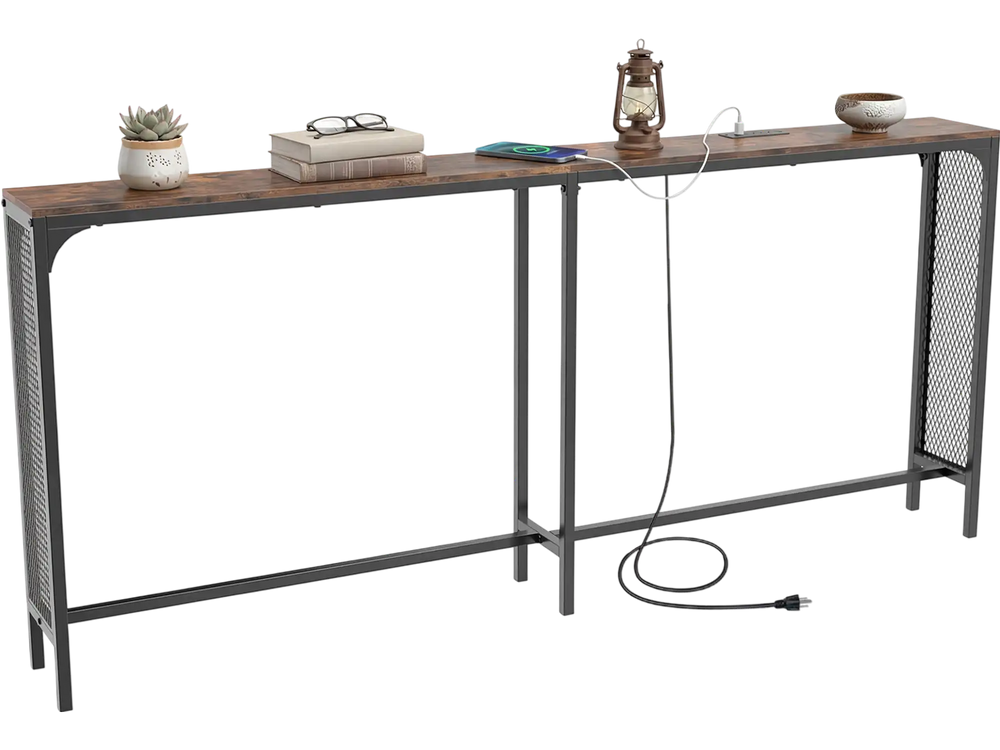 Narrow 71-inch rustic brown console table with power outlet, featuring integrated charging station and robust metal.