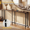 Narrow 71-inch rustic brown console table with power outlet, featuring anti-tipping devices for safety in small spaces.