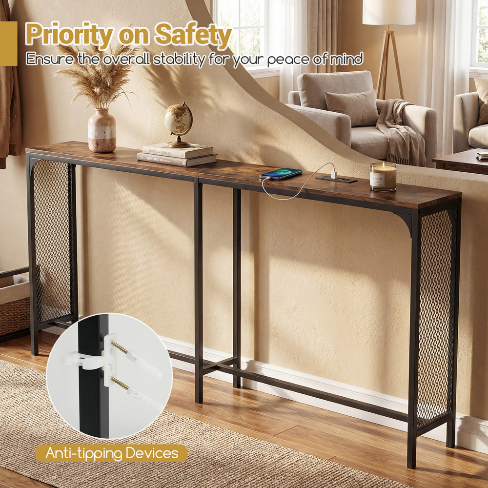 Narrow 71-inch rustic brown console table with power outlet, featuring anti-tipping devices for safety in small spaces.