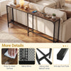 Narrow 71-inch console table in rustic brown with power outlet, ideal for small spaces and versatile storage solutions.