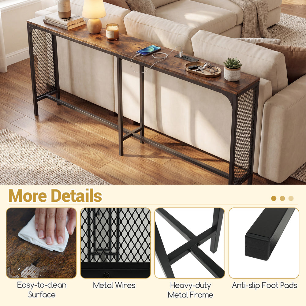 Narrow 71-inch console table in rustic brown with power outlet, ideal for small spaces and versatile storage solutions.