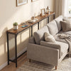 Narrow 71-inch console table in rustic brown with integrated power outlet, ideal for small spaces and versatile use.