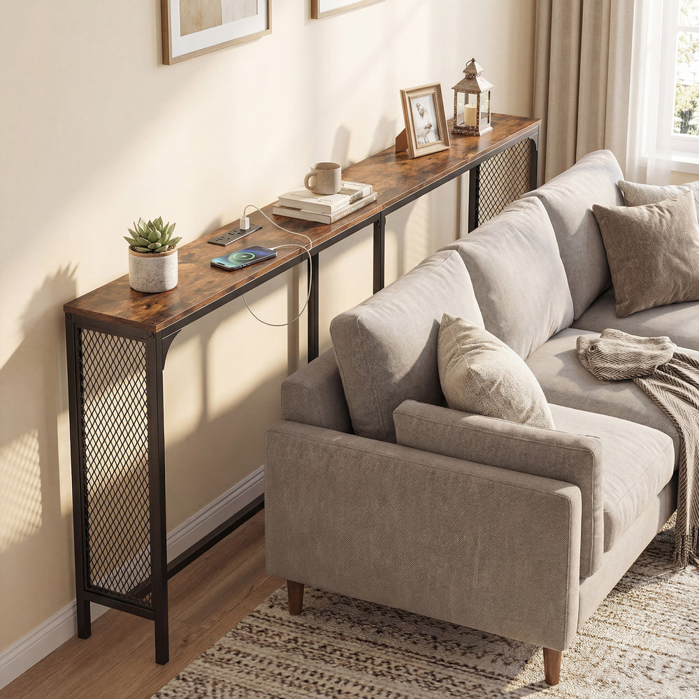 Narrow 71-inch console table in rustic brown with integrated power outlet, ideal for small spaces and versatile use.
