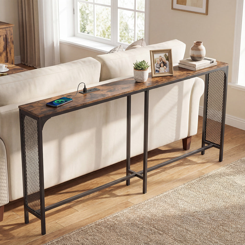 Narrow 71-inch console table in rustic brown with power outlet, ideal for small spaces and versatile placement.