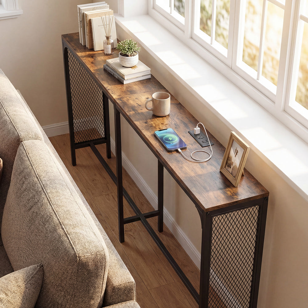 Narrow 71-inch rustic brown console table with power outlet, ideal for small spaces and featuring integrated charging.