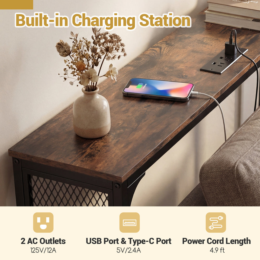 Narrow console table in rustic brown with built-in charging station, featuring 2 AC outlets and USB ports for small.