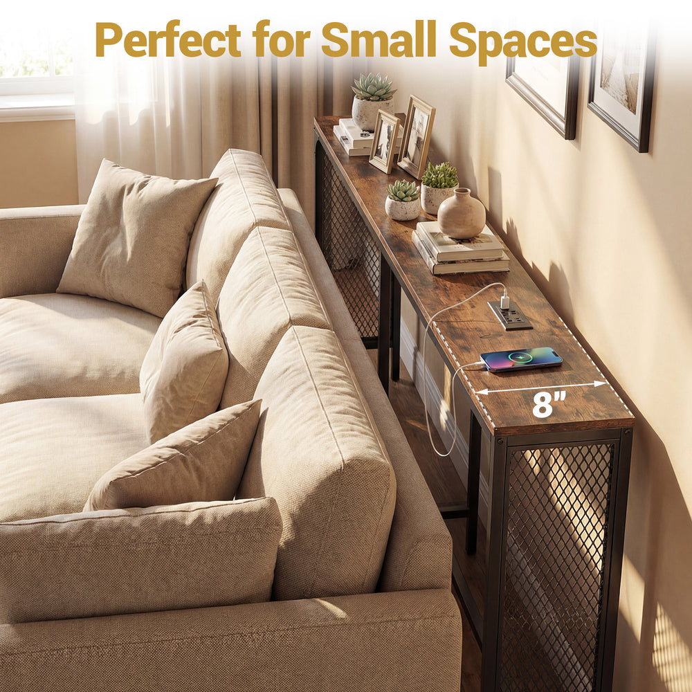 Narrow console table in rustic brown with power outlet, ideal for small spaces, featuring integrated charging station.